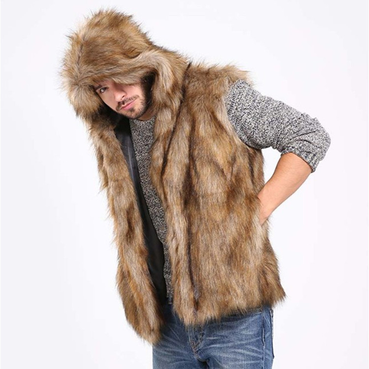 Foreign Trade European and American Cross-Border Artificial Fur Imitation Fur Hooded Men's Vest Short Vest Versatile Men's Jacket