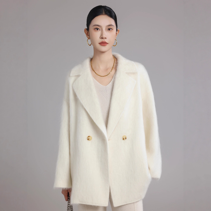 100% Brushed Outwear Women's Fashion Double-Breasted Suit Collar Loose High-End Mid-Length Double-Sided Wool Outwear