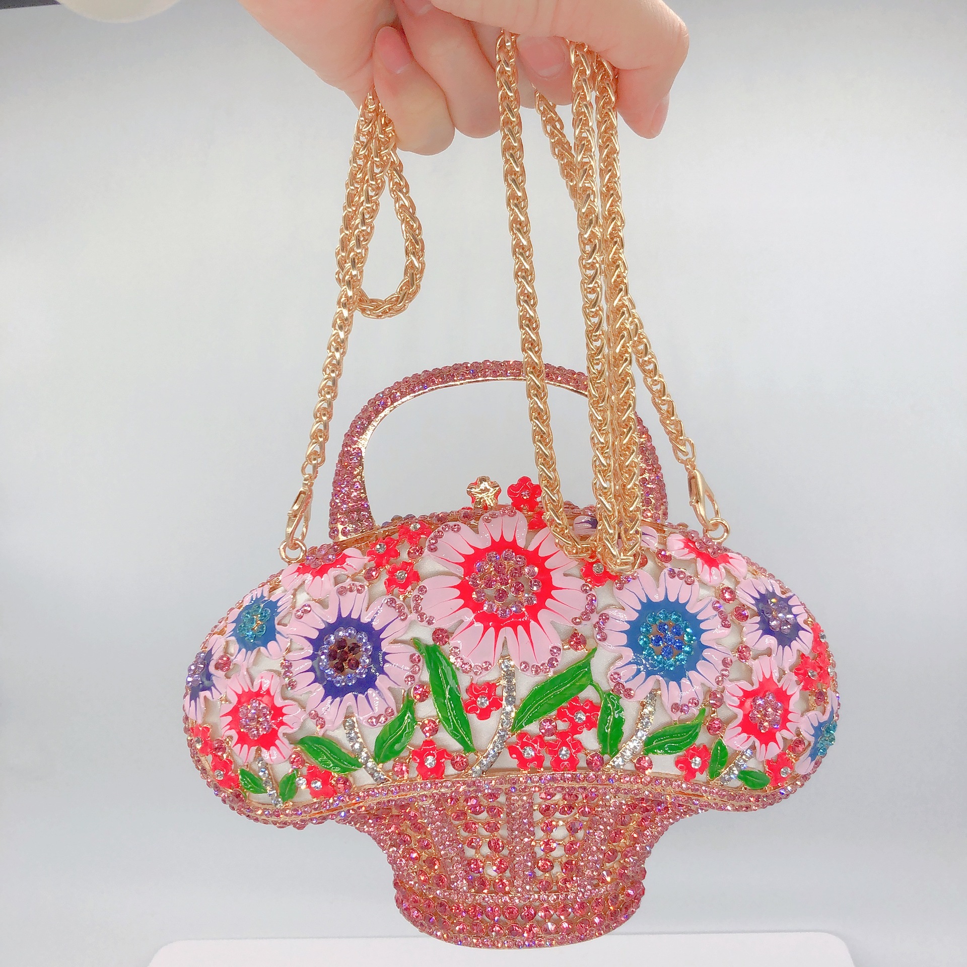 Túi clutch cầm tay giỏ hoa đính kim cương phong cách Hàn Quốc — Phấn màu/Hoa Hồng chi tiết 8