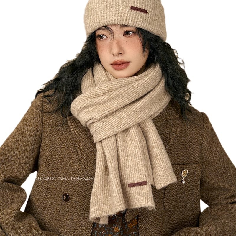 Solid color winter retro khaki knitted keep warm scarf