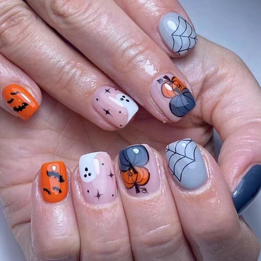 Halloween Short Cobweb Pumpkin Head Thriller Ghost Fashion European and American Foreign Trade Wear Nail Art Patch Combination 48_voghion.com