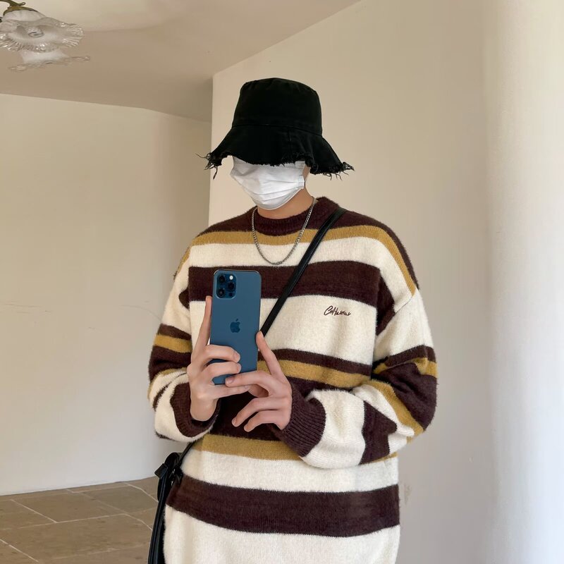 Long Sleeve Loose Trendy Casual Pullover regular Teenager Autumn and Winter American Color Contrast Striped Vintage Round Neck Sweater