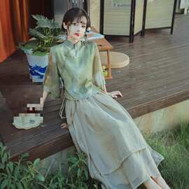 原版新款青萝新中式禅意茶服仙气少女旗袍两件套半身裙改良汉服夏