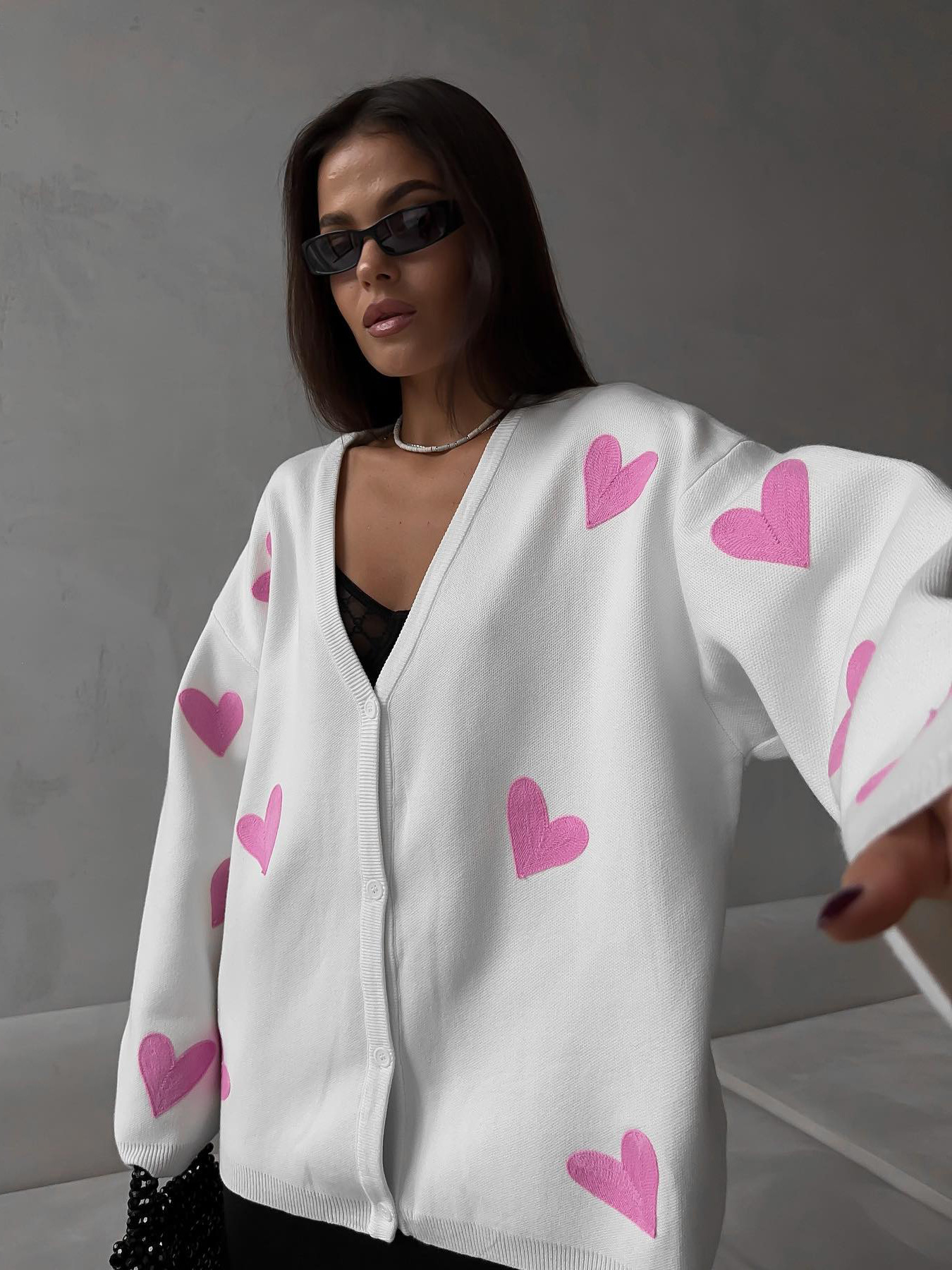 570g Weight Long Sleeve Sleeve Length Single Breasted Placket Type Regular Sleeve Sleeve Type Viscose fiber Fabric Type Regular Top Length Sweater Tops Type Holiday, Street Occasion V Neck Neckline Loose Fit Type Heart Shape Pattern Winter, Autumn Season Women's Gender Elegant, Streetwear Style Women's Sweater Long Sleeve Sweaters & Cardigans Elegant Streetwear Heart Shape 15