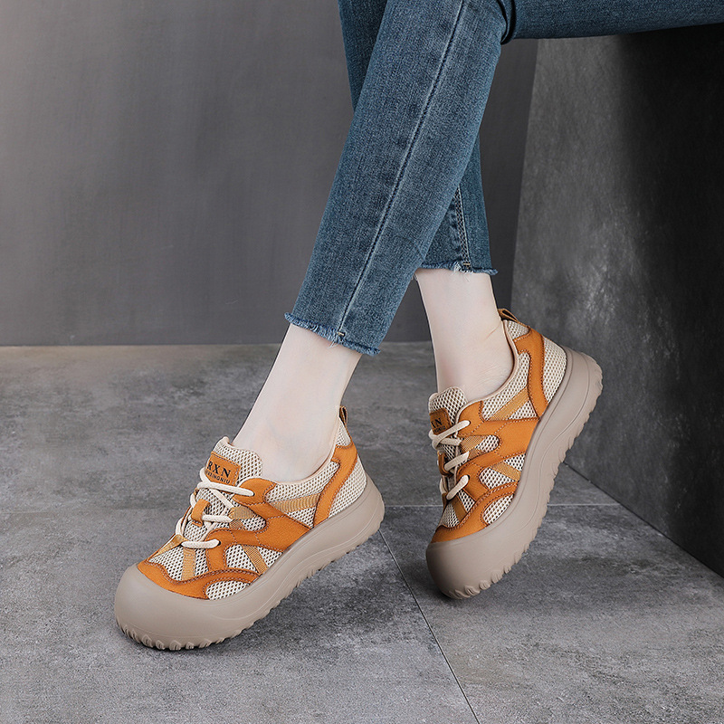 Giày sneaker nữ lưới thoáng khí đế mềm dây buộc da thật — màu be