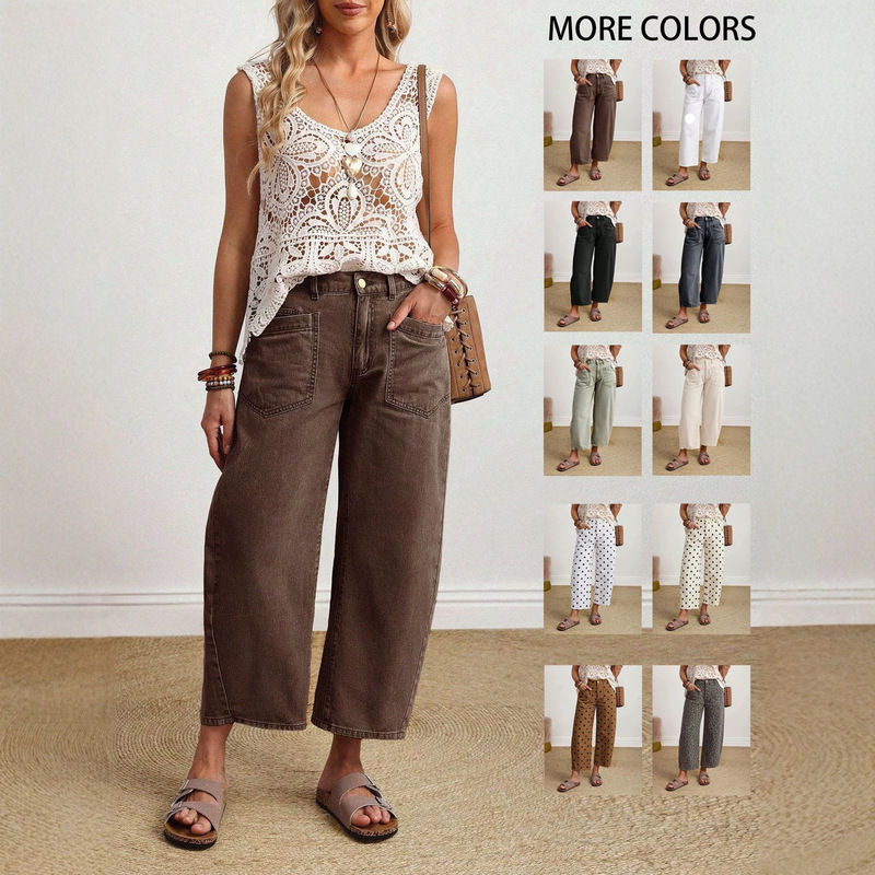 Coffee-colored patch pocket cropped lantern jeans high-waisted loose retro vacation style casual cropped pants Coffee-colored patch pocket cropped lantern jeans high-waisted loose retro vacation style casual cropped pants