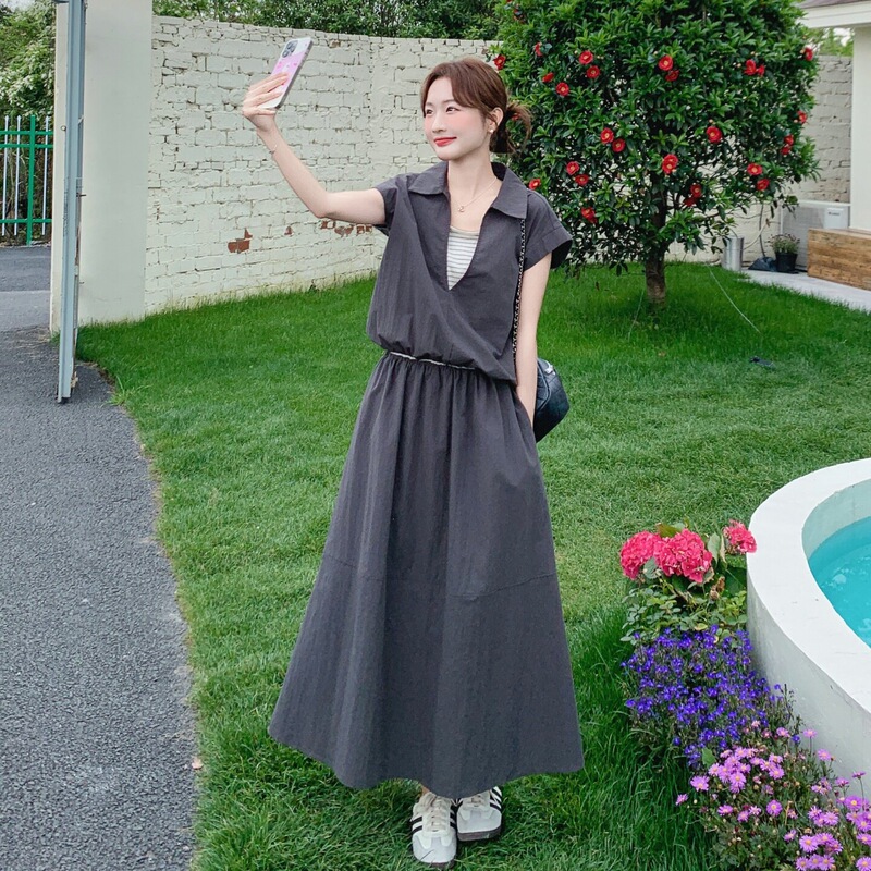 Charcoal Gray Korean Style Casual College Style Fake Two-Piece Top Set for Women Summer 2026 New Style Two-Piece Skirt Set