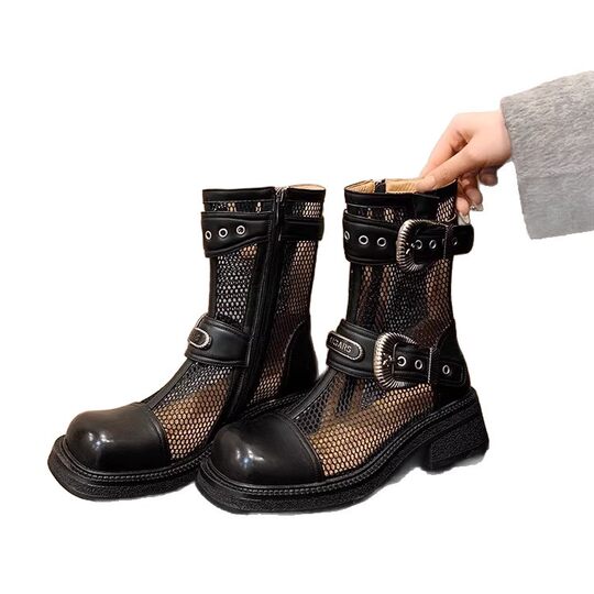 4.5cm Medium Heel Thick-Soled Mesh Boots for Women Summer New Cut Out Mesh Thin Short Boots Belt Buckle British Style Sandals