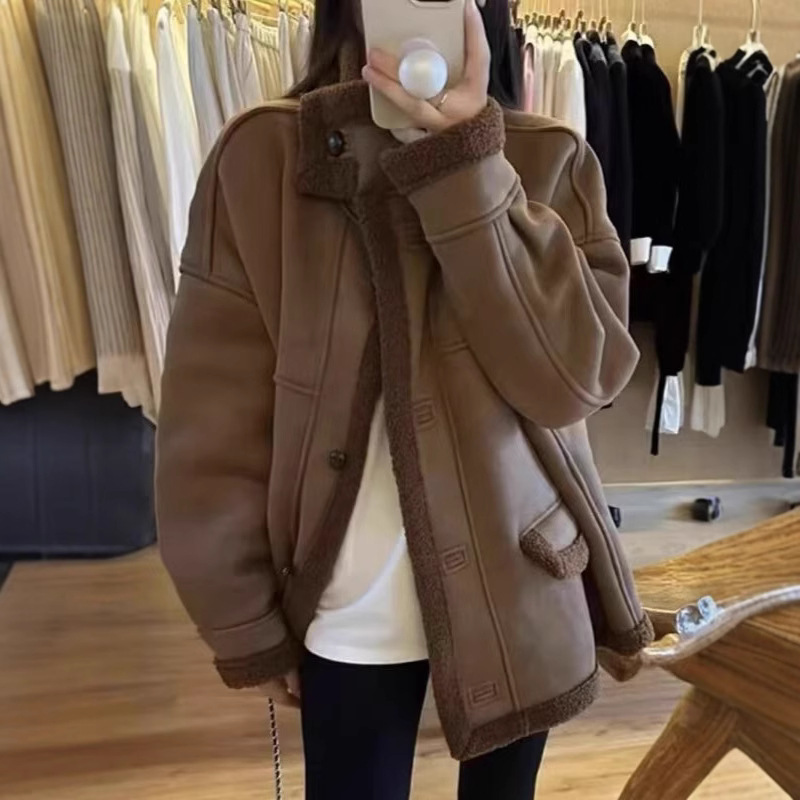 Suede Fur All-In-One Warm Jacket for Women 2025 Winter New Style Stand-Up Collar Thickeneded Lamb Hair Motorcycle Jacket Top