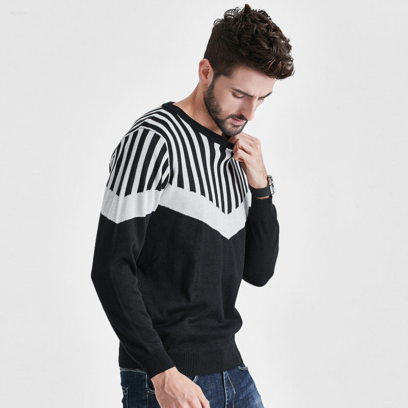 跨境專供歐美大碼男裝毛衣 圓領(lǐng)長袖休閑保暖條紋針織衫一件代發(fā)