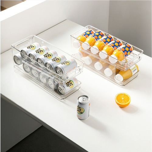 Kitchen double-layer can rolling beer basket transparent beverage storage box refrigerator coke storage shelf