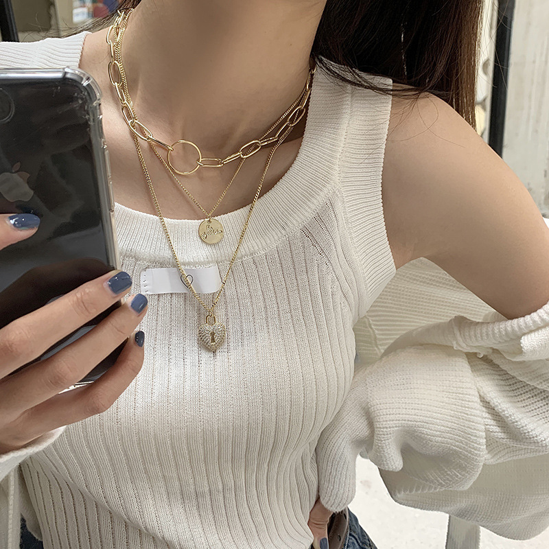Rhinestone Love Lock Necklace Multi-layered Wearing Round Tag Letter Pendant Hip-hop Temperament Clavicle Chain display picture 10