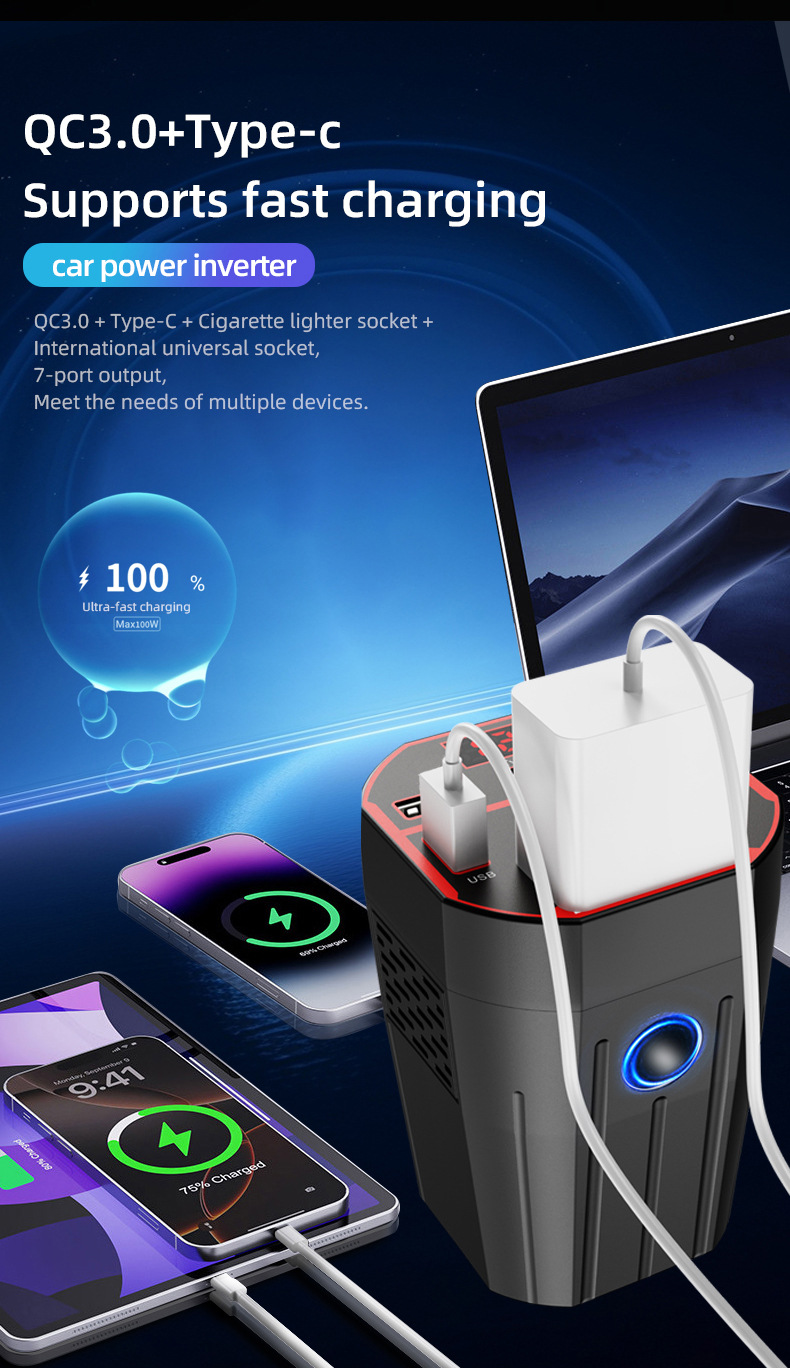 Ac Car Charger 12V24V to 220V High-Power Inverter Car Power Supply Cigarette Lighter Converter