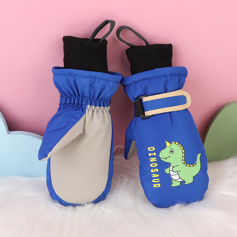 Invierno niños juegan nieve impermeable, calentamiento y espessado y dedos para esquiar dibujos animados dinosaurios guantes antideslizantes lindos
