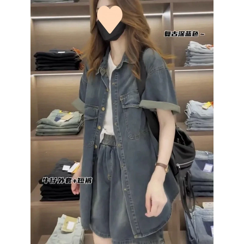 Джинсовый костюм-двойка для женщин, лето 2025, новый, свободный крой, утягивающий, для фигуры типа «груша»