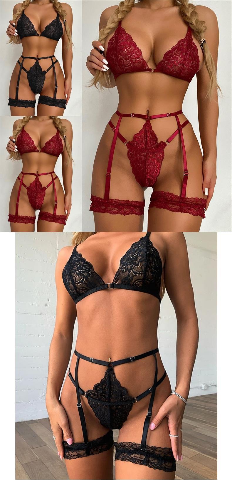Cross-lace Patchwork Lingerie Set - Black