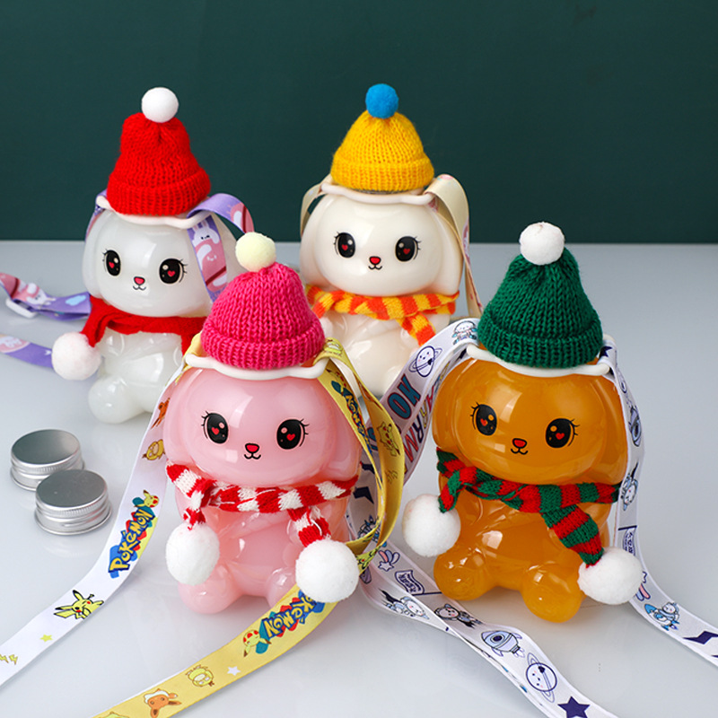 Lindo conejito de dibujos animados leche té botella PET plástico para llevar leche té taza 500ml botella de bebida desechable