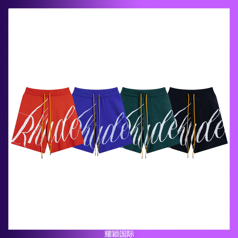 2024 American Style Trendy Brand RHUDE Letter LOGO Jacquard Drawstring Knitted Wool Casual Loose Shorts for Men and Women