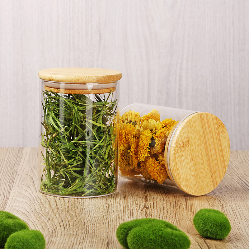 Tanque de almacenamiento con tapa de bambú y madera Tanque de almacenamiento de vidrio Tanque de té sellado Tanque de almacenamiento transparente Tanque de almacenamiento de clasificación de cocina