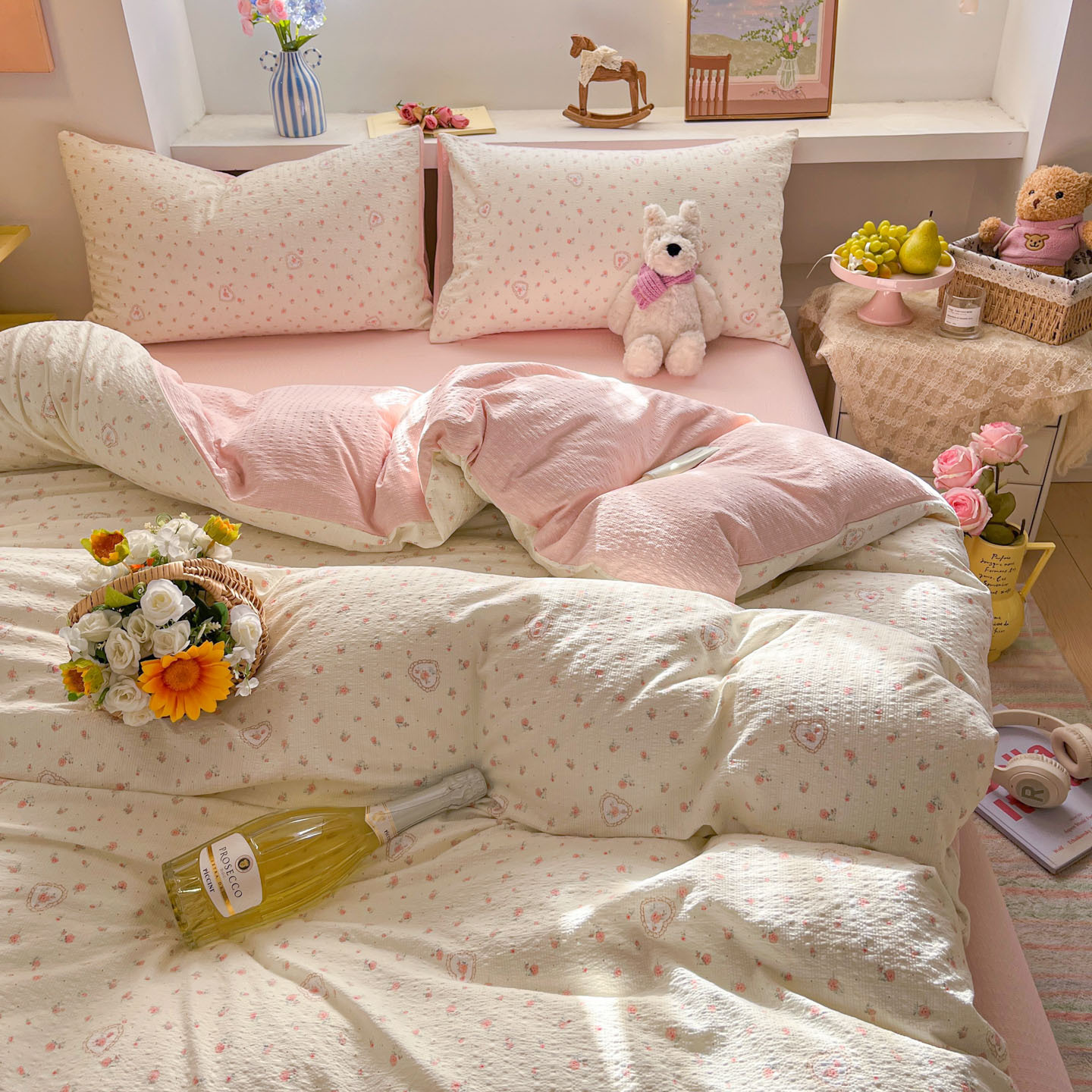 Rose story [class a maternal and infant grade puff yarn] / 【flat sheet style】0.9 three-piece set - duvet cover 150x200 cm
