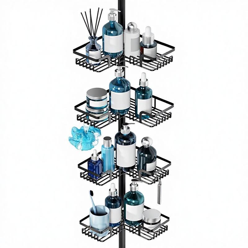 4-Layer Telescopic Shower Rack, Adjustable Corner Bathroom Storage Rack, Ceiling-Mounted Telescopic Storage Rack