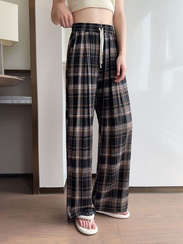 ハイエンドプリントハイウエスト薄い綿シルクワイドレッグパンツ女性の夏のドレープストレートルーズウエスト人工綿カジュアルパンツ|undefined