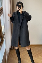 呢绒双面混色小个子长款瘦长宽松双排新款韩版外套赫本羊毛大衣