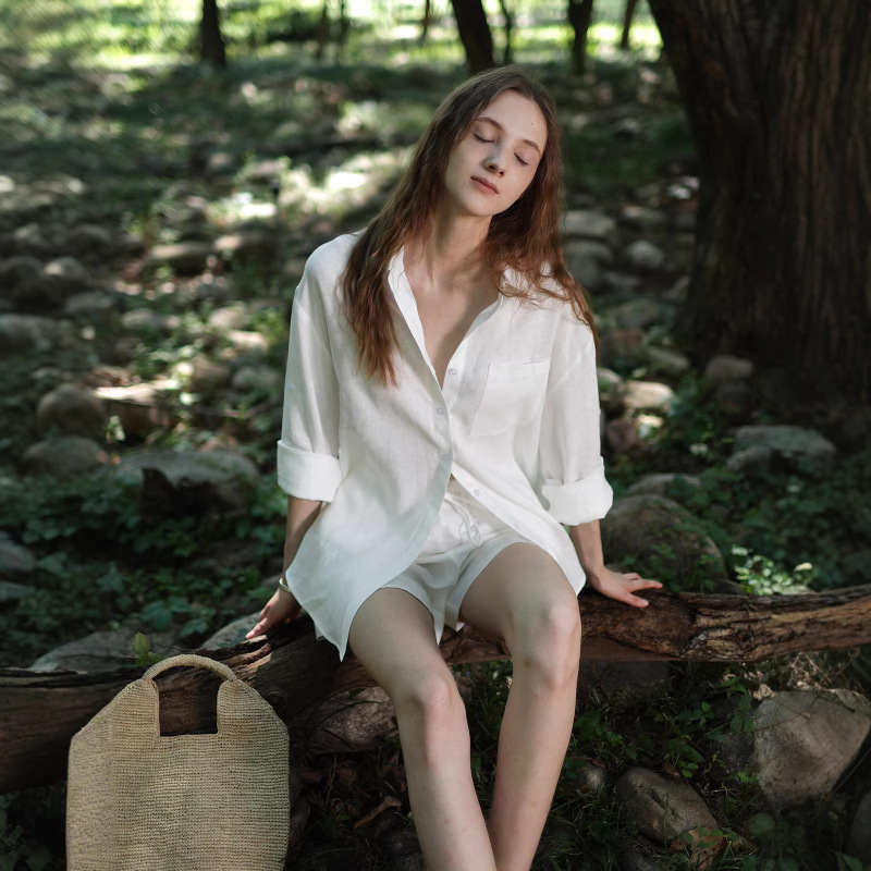 Relaxed and Casual Natural Full Linen Simple Lazy Loose Sun-Protective Shirt + Casual Pants Linen Set Summer Lightweight Relaxed and Casual Natural Full Linen Simple Lazy Loose Sun-Protective Shirt + Casual Pants Linen Set Summer Lightweight