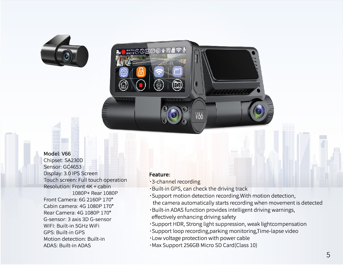 V66Dvr4K Three-Lens Dash Cam with Adas Smart Touchscreen 5.8g Driving Recorder