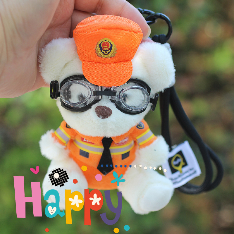 Policía bombero oso muñeca celebridad de Internet caballo de hierro muñeca coche de peluche policía de tránsito colgante oso de peluche llavero lindo