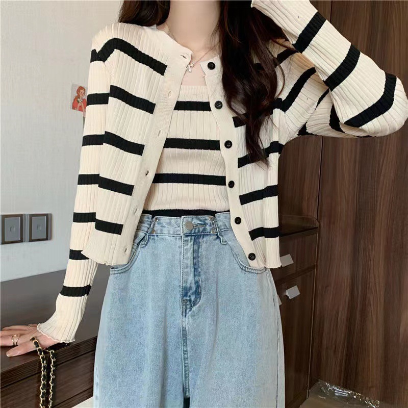 81g Weight Long Sleeve Sleeve Length Single Breasted Placket Type Ice Silk, Polyester Fabric Type Short Top Length Knitwear Tops Type Daily Occasion Round Neck Neckline Slim Fit Type Stripe Pattern Spring, Autumn Season Women's Gender Casual Style Wholesale Women's Ice Silk Polyester Casual Stripe Long Sleeve Sweaters & Cardigans 25