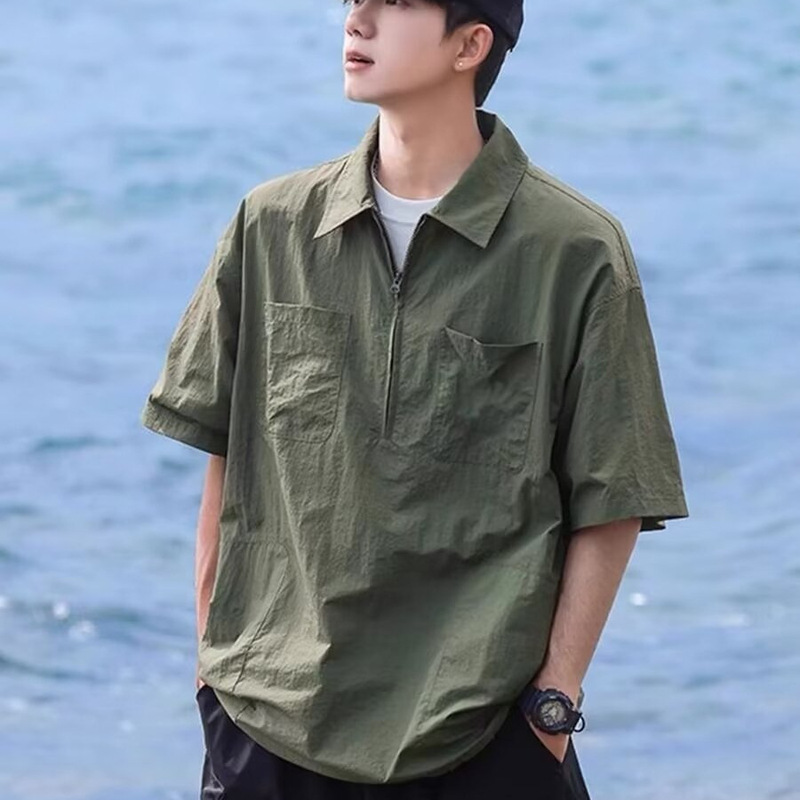 Polo Shirt Half-Zip Short-Sleeve Shirt Men Summer Trendy Brand Stylish Japanese Workwear Half-Sleeve Casual Turn-Down Collar