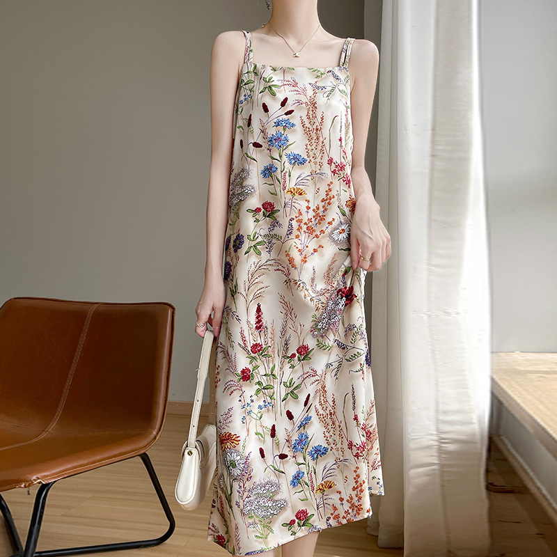 2024 Summer New Acetic Acid Satin Collar Double Shoulder Strap dress Women's Lavender Print Dress