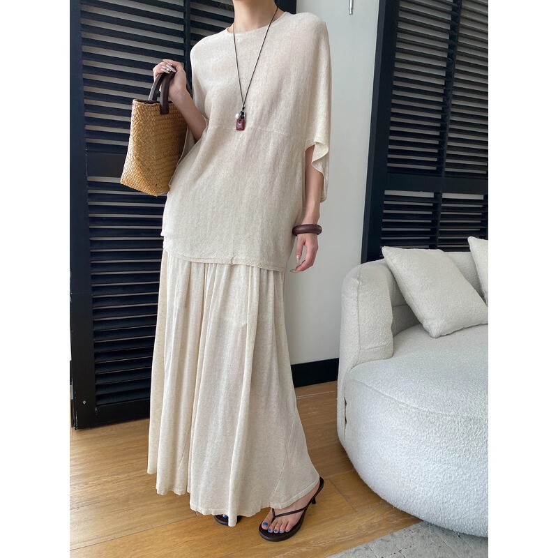 Sinan Lazy and Relaxed Tencel Linen Batwing Sleeve Knit Sweater Elastic High Waist Skirt Set Sn8819