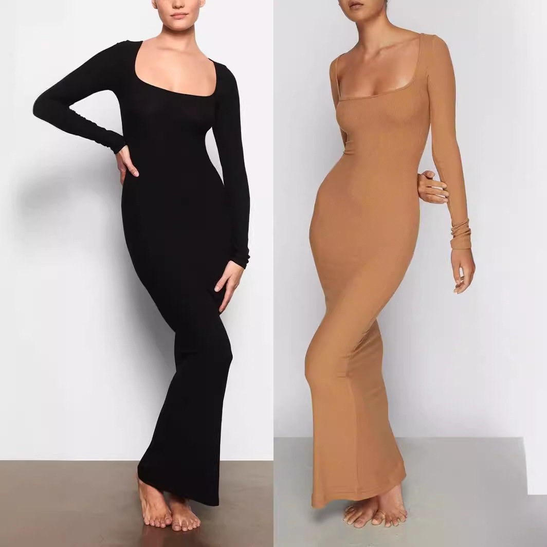 New Ski * m * s Long Sleeve dress Women's Solid Color Base Plastic Clothes Home Clothes Spring and Autumn Long Skirt