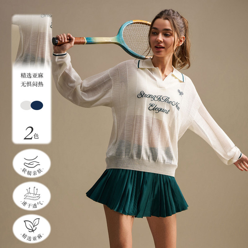 Spring New Retro Old Money Style Lapel Sports Long-Sleeved Knitwear Women's Tennis Top Quick-Drying and Breathable