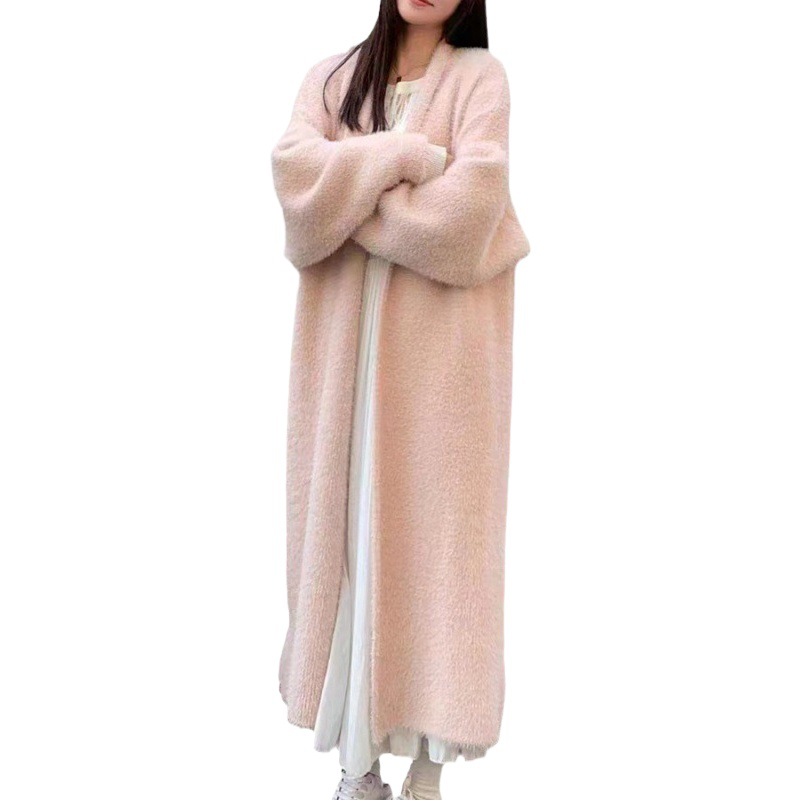 Imitation Mink Velvet Elegant Long Over-The-Knee Sweater Cardigan for Women Autumn and Winter New Style Lazy Style Loose Thickeneded Knitted Jacket