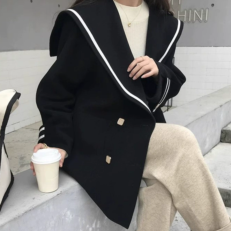 Demi-season retro navy woolen coat for leisure made of faux fur, jacket, Korean style, French retro style, oversize