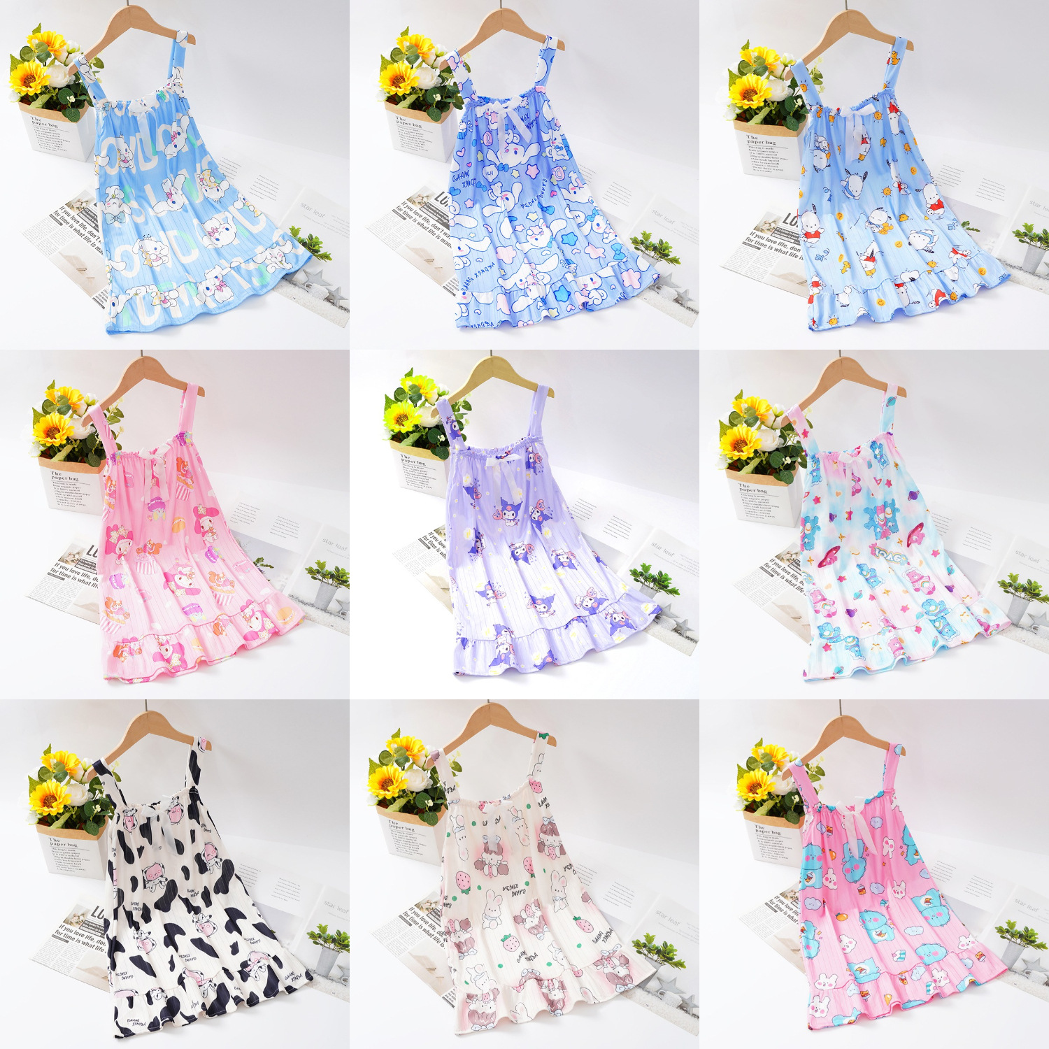 Pijama infantil princesa viento de verano nuevo pijama de mangas cortas de niñas de cinturón vestido de dibujos animados de verano