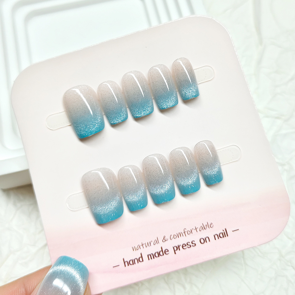 Unas falsas uñas azules de hielo con gradiente de sonido explosivo, 10 piezas de uñas de sonrisa hechas a mano, uñas de ojo de gato.