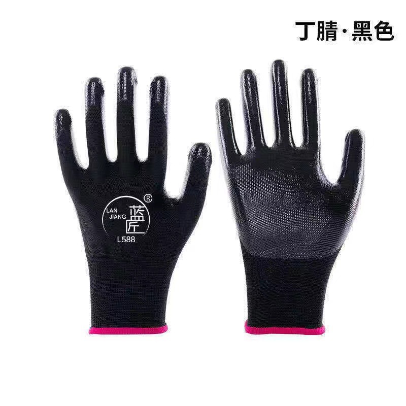 Guantes de seguridad laboral de nitrilo 13 agujas de nylon a prueba de aceite resistente al desgaste con adhesivo al por mayor antideslizante sitio de construcción