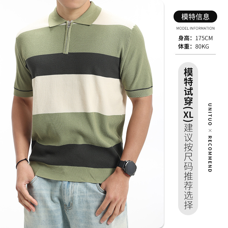 Polo de hielo de punto de hombre lujo ligero de alto nivel medio cremallera collar rayas Waffle Paul blusa