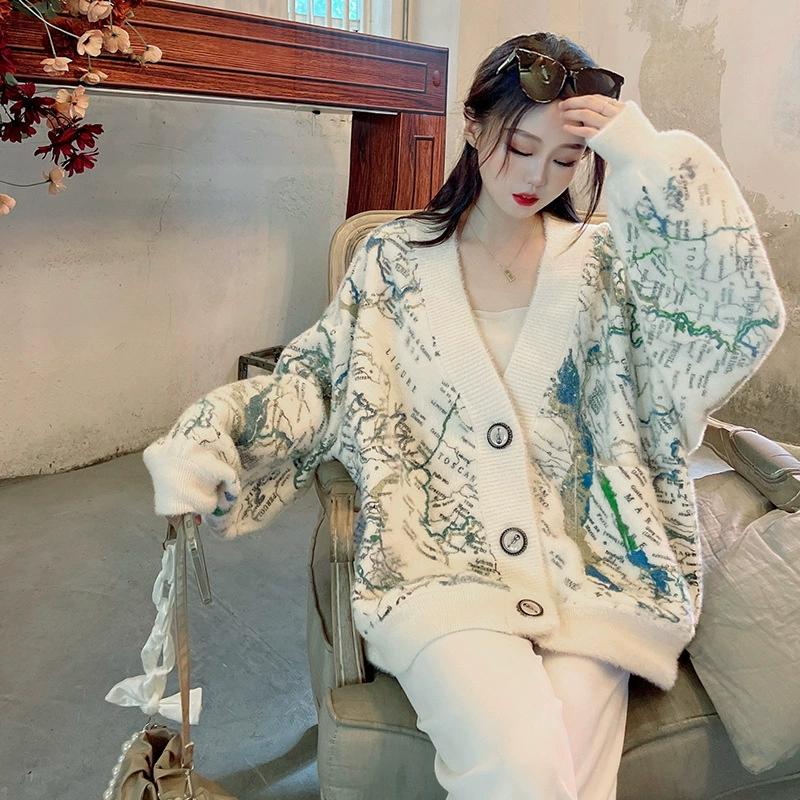 22 осень и зима Новый толстый свежий узор сладкой земли с принтом имитация норковой бархатной норковой шубы Свободный кардиган для похудения