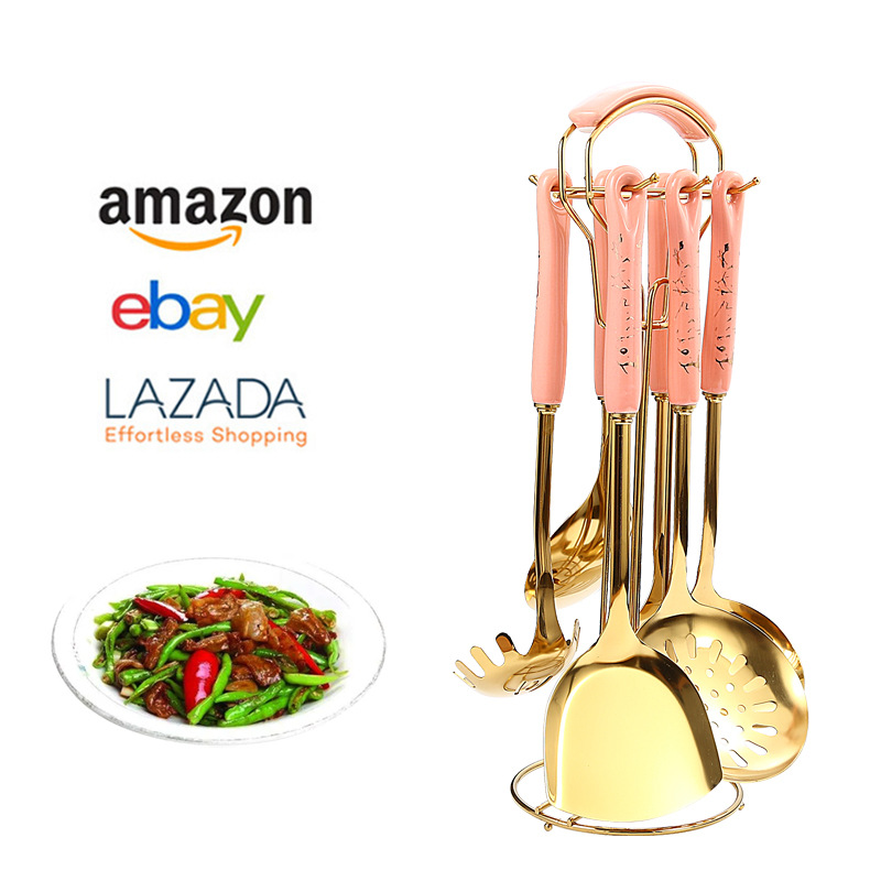 Nordic Light lujo utensilios de cocina traje de cerámica cocina pala cuchara 7-pieza de acero inoxidable espátula cuchara de arroz fugas caja de regalo traje