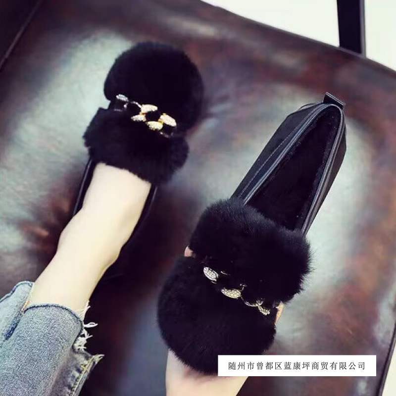 Furry Shoes for Women's Autumn and Winter Outer Wear 2025 New Rabbit Fur Pregnant Women's Slip-On Beanie Shoes Fleece-Lined Warm Flats Cotton Shoes