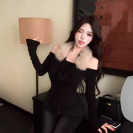 TZ7447设计感荡领黑色毛毛领挂脖上衣女早春纯欲性感露肩显瘦T恤