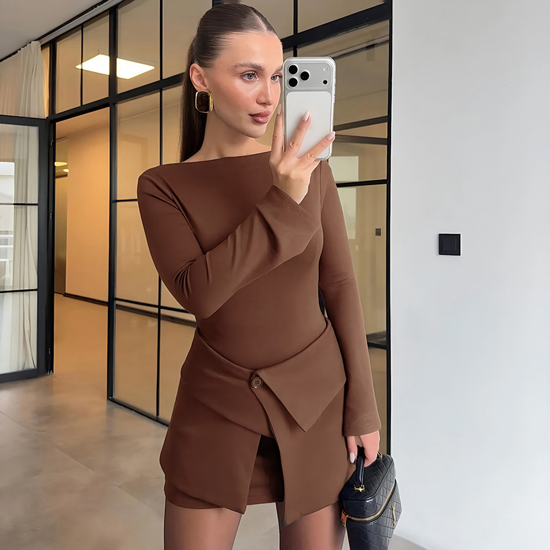 D25St523 European and American Women's Clothing Winter New Style Flared Long-Sleeved Short Dress with Folded Button Half Skirt Two-Piece Suit
