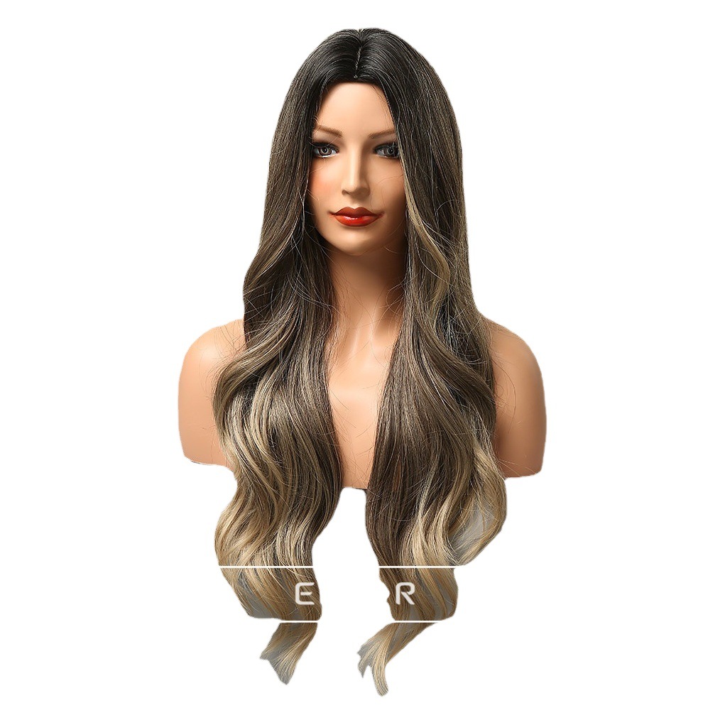 Amazon Comercio exterior caliente peluca europea y americana femenina gradiente medio marrón oscuro onda grande Pelo Rizado de alta temperatura de seda sombrerería
