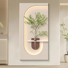 奶油玄关装饰画水培绿植带花瓶走廊氛围灯壁画砂岩肌理水墨画挂画