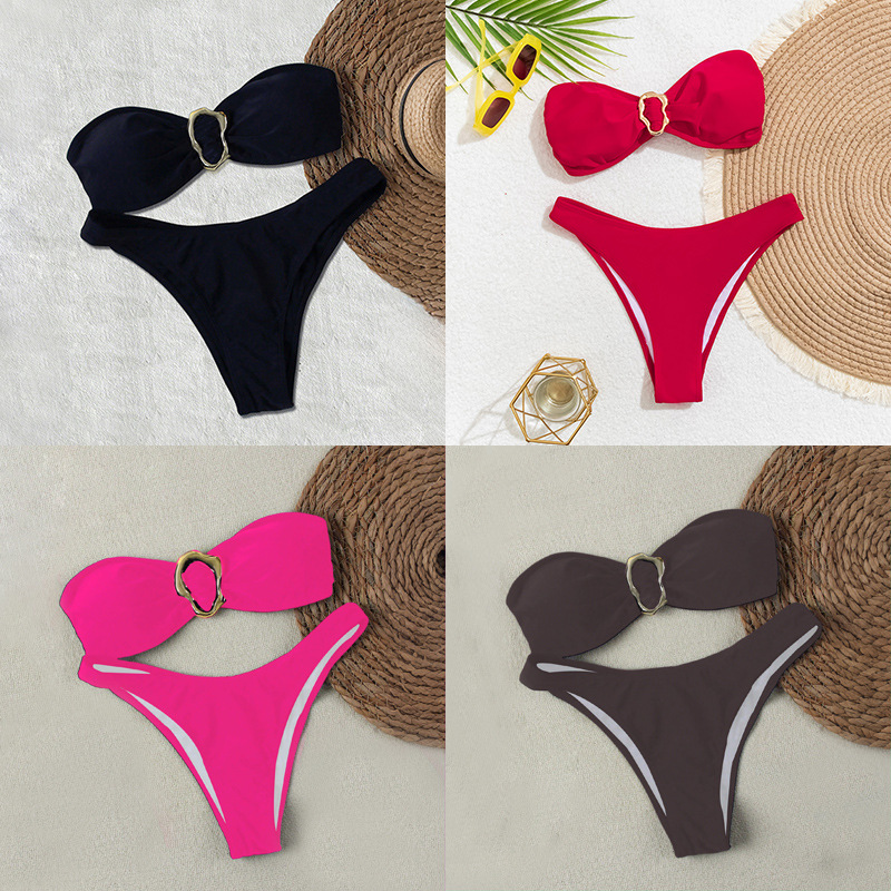 2025 New European and American Bikini Cross-border Trade Solid Color Tube Top Sexy Split Bikini Swimwear Women's Swimwear